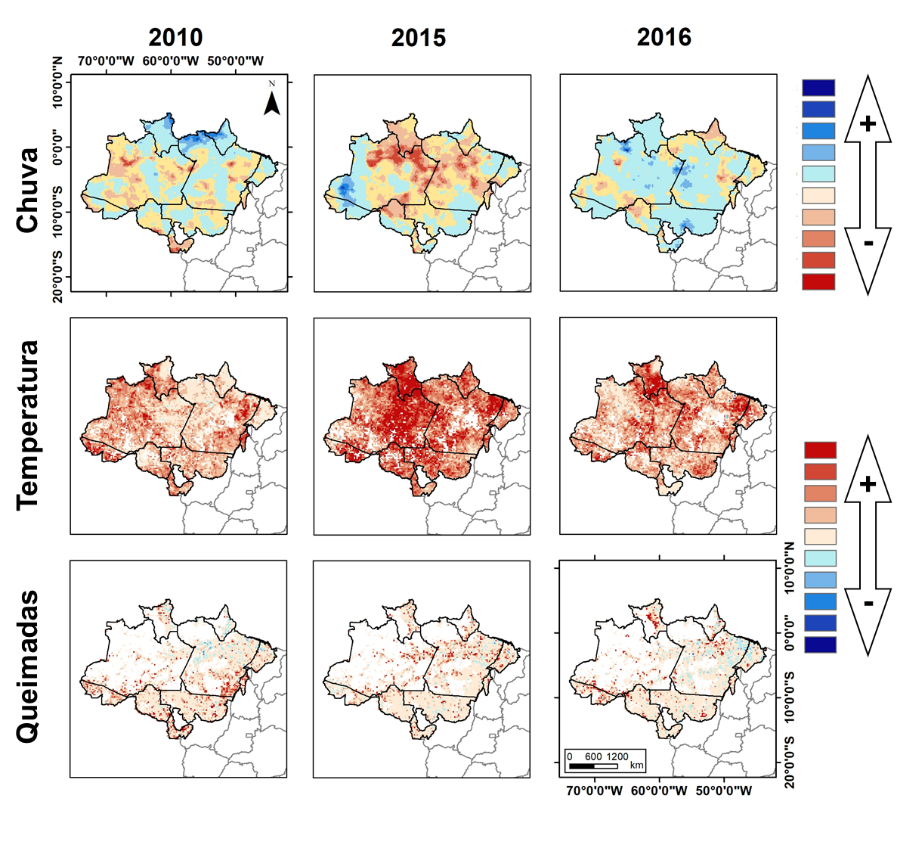 Mapa da distribuição espacial das áreas com aumento e redução de chuva, temperatura e queimadas nos anos de 2010, 2015 e 2016