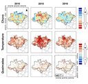 Mapa da distribuição espacial das áreas com aumento e redução de chuva, temperatura e queimadas nos anos de 2010, 2015 e 2016