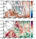 Tendências observadas previamente na temperatura da superfícies do mar (diferentes cores) e registros de radiação de ondas longas (linhas tracejadas) ao episódio da Zona de Convergência Oceânica do Atlântico Sul