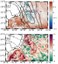 Tendências observadas previamente na temperatura da superfícies do mar (diferentes cores) e registros de radiação de ondas longas (linhas tracejadas) ao episódio da Zona de Convergência Oceânica do Atlântico Sul