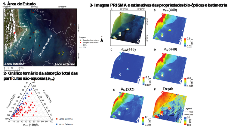 Esquema Representativo do trabalho (Área de Estudo, Gráfico ternário, Estimativa das propriedades bio-ópticas e profundidades na região de Abrolhos)