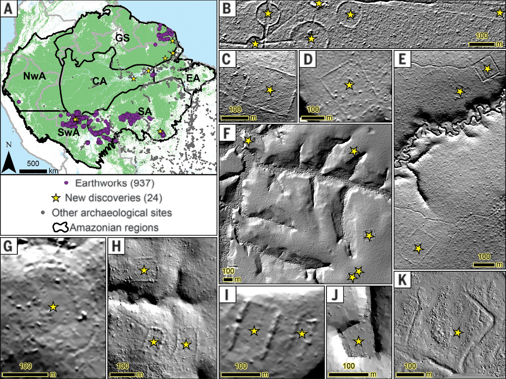 Distribuição geográfica de terraplanagens geométricas pré-colombianas conhecidas e recentemente descobertas na Amazônia.
