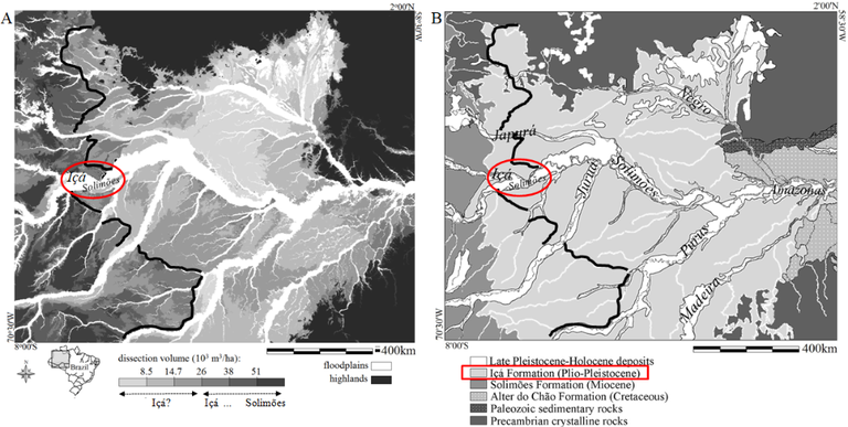 Mapa do Volume de dissecação do solo (A) e Mapa Geológico da Amazônia Central