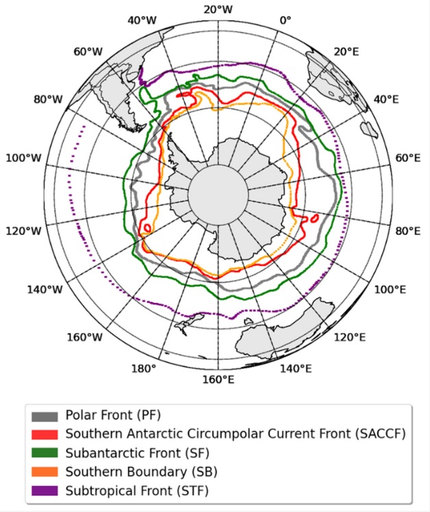 Regiões do Oceano Antártico. A área de estudo está localizada no setor Atlântico do Oceano Antártico. As isolinhas ilustram as frentes oceânicas circumpolares