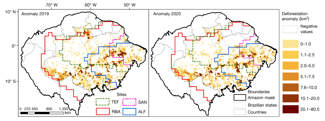 Mapa do Desmatamento anômalo na Amazônia para 2019 e 2020