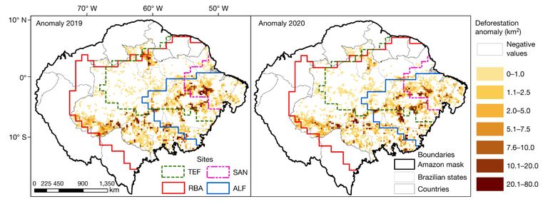 Mapa do Desmatamento anômalo na Amazônia para 2019 e 2020