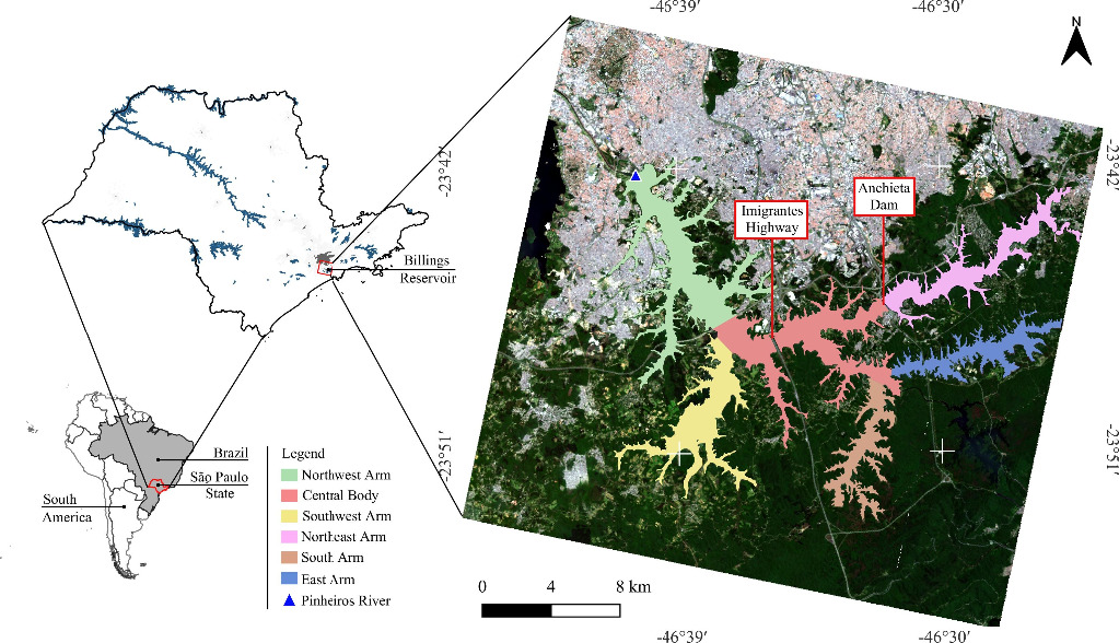 Área de Estudo: Represa Billings e suas seis sub-regiões em imagem de composição cor verdadeira do sensor hiperespectral do satélite PRISMA.