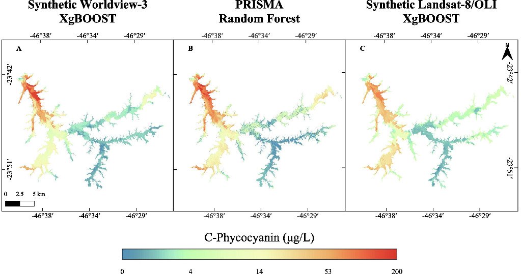 Melhores resultados de acurácia da distribuição do pigmento C-Fitocianina por sensor dos satélites