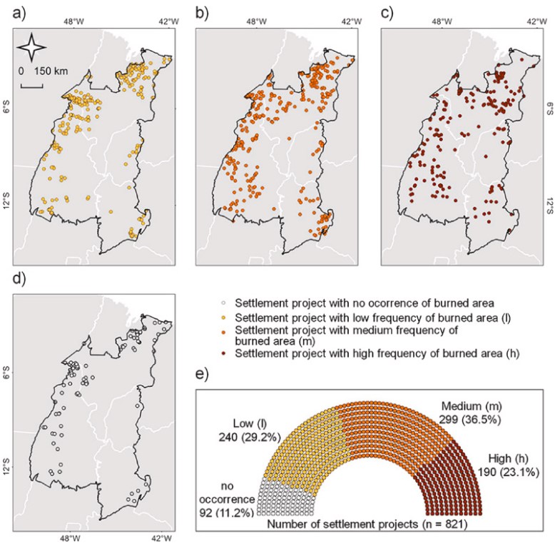 Localização dos projetos de assentamento classificados por frequência de área queimada