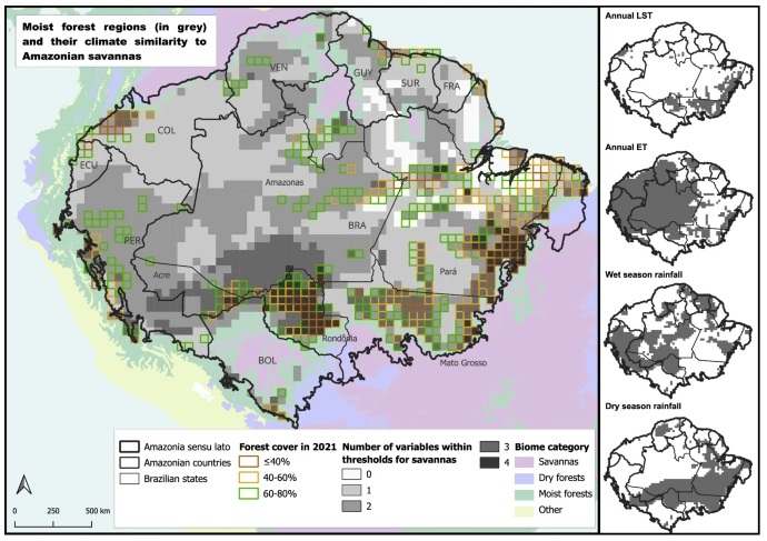 Regiões de floresta úmida (em cinza) na Amazônia e sua semelhança com o clima das savanas amazônicas. Regiões de floresta úmida (em cinza) na Amazônia e sua semelhança com o clima das savanas amazônicas.