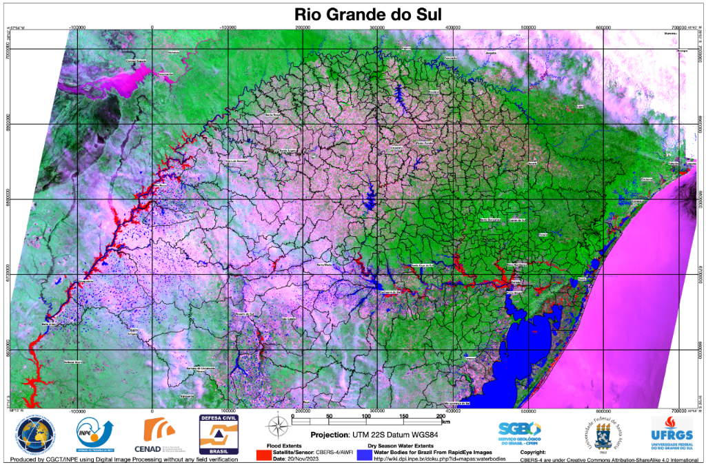 Mapa com imagem WFI/CBERS-4A destacando as inundações no Estado do RS