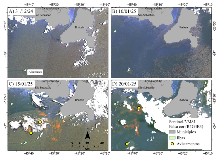 Imagens MSI/Sentinel-2. A) Dia 31/12/2024. B) Dia 10/01/2025. C) Dia 15/01/2025. D) Dia 20/01/2025.