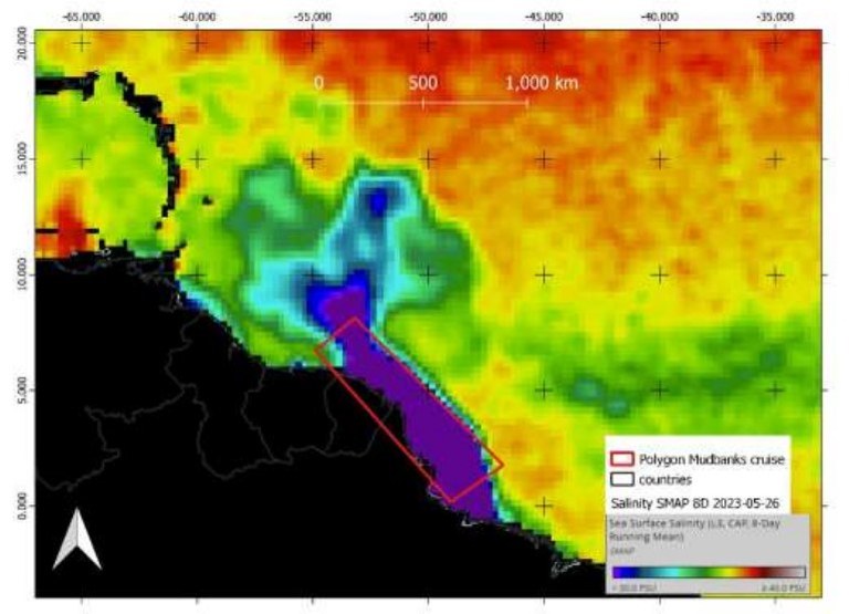 Campo semanal de salinidade na superfície do mar médio estimado com dados do sensor orbital SMAP (26/05/2023). Área de amostragem do cruzeiro oceanográfico indicada pelo polígono vermelho (Crédito: Aline M. Valerio).