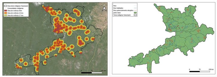 Estimativa de área de vivência das comunidades indígenas na Terra Indígena Yanomami (TIY). E os principais acessos geográficos na área da TIY