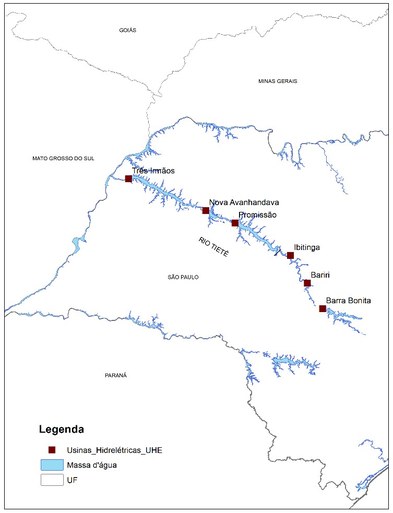 Localização dos Reservatórios que compõem o sistema em cascata do Rio Tietê