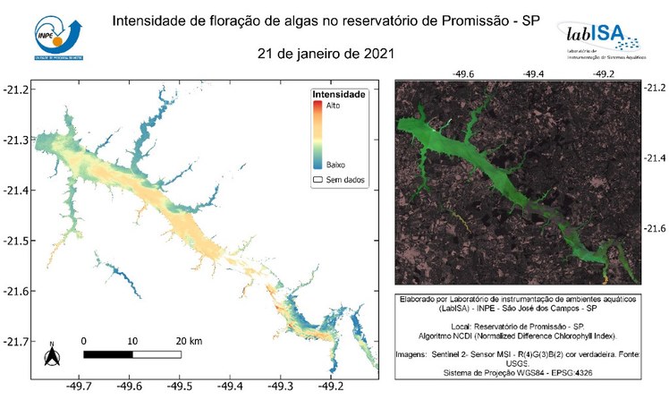 Mapa de intensidade de floração de algas no Reservatório de Promissão em 21/01/2021 e imagem MSI/Sentinel-2 do reservatório em composição colorida RGB