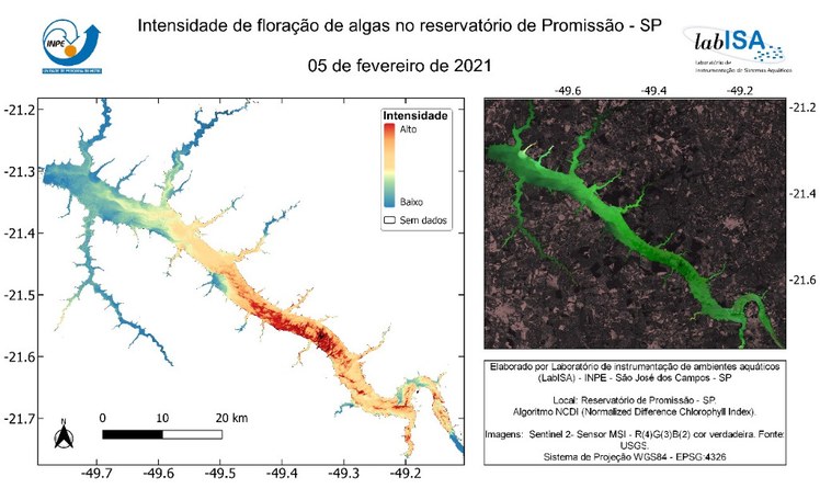 Mapa de intensidade de floração de algas no Reservatório de Promissão em 05/02/2021 e imagem MSI/Sentinel-2 do reservatório em composição colorida RGB