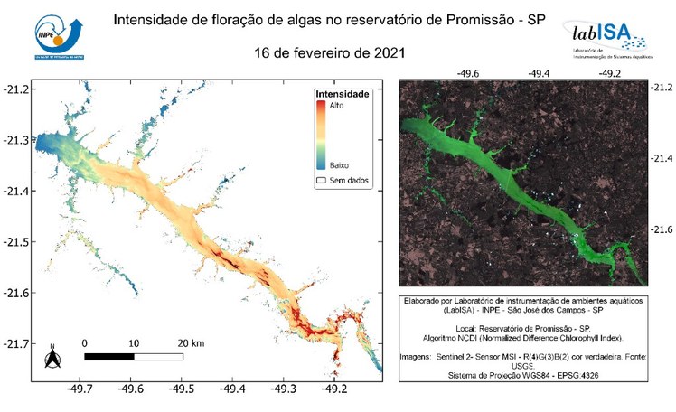 Mapa de intensidade de floração de algas no Reservatório de Promissão em 16/02/2021 e imagem MSI/Sentinel-2 do reservatório em composição colorida RGB