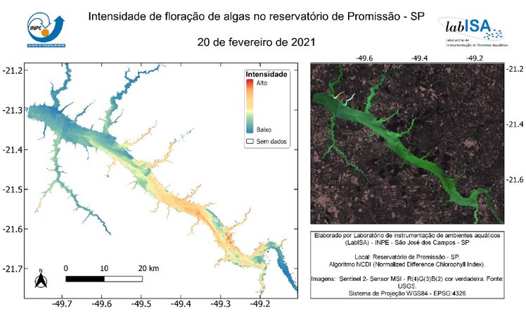 Mapa de intensidade de floração de algas no Reservatório de Promissão em 20/02/2021 e imagem MSI/Sentinel-2 do reservatório em composição colorida RGB