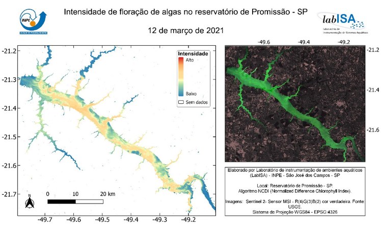 Mapa de intensidade de floração de algas no Reservatório de Promissão em 12/03/2021 e imagem MSI/Sentinel-2 do reservatório em composição colorida RGB