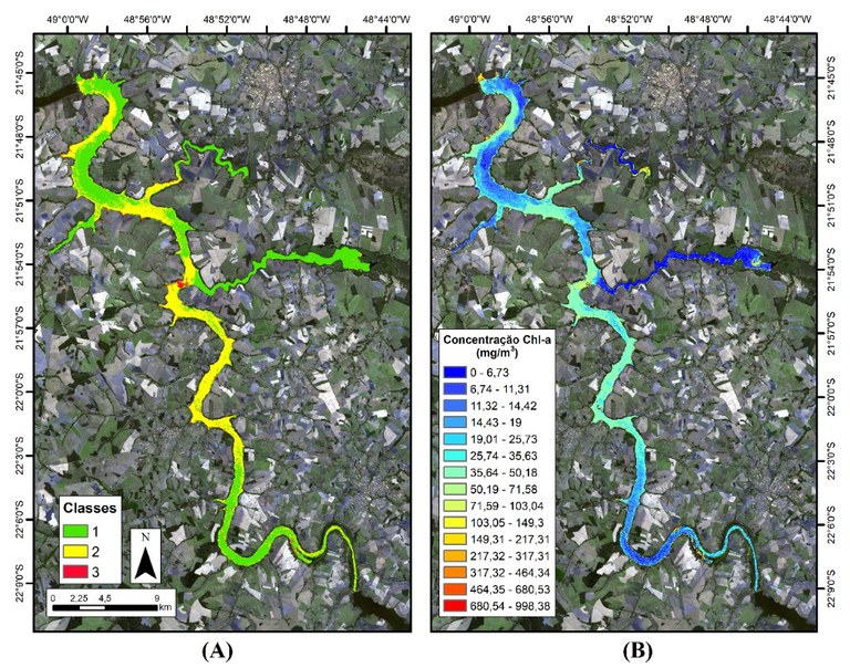 Distribuição espacial das (A) classes tróficas e da (B) estimativa da concentração da chl-a