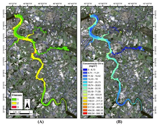 Distribuição espacial das (A) classes tróficas e da (B) estimativa da concentração da chl-a