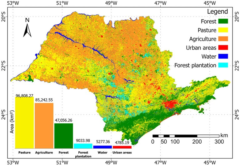 Mapa de Uso e Cobertura da Terra do Estado de São Paulo para o ano de 2020 por OLI/Landsat.