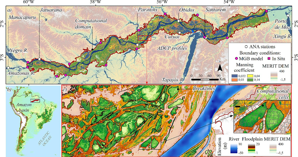 Localização da região central da bacia Amazônica e estações da ANA, com detalhes da topografia da planície de inundação, posição das células computacionais e linhas no modelo