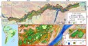 Localização da região central da bacia Amazônica e estações da ANA, com detalhes da topografia da planície de inundação, posição das células computacionais e linhas no modelo