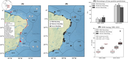 Área de estudo destacando a distribuição espacial dos habitats de recifes de coral e ecorregiões marinhas obtidas de Spalding (2007)