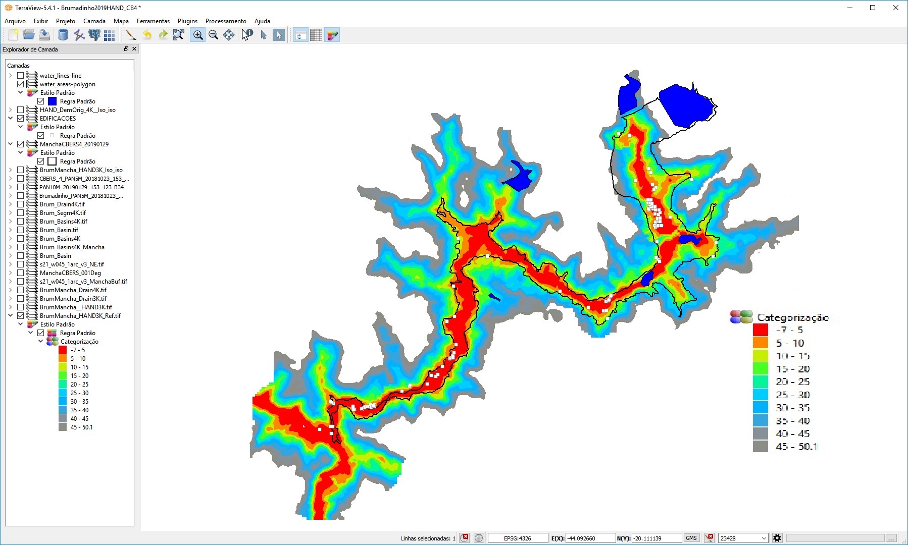 Figura 3 - Simulação da trajetória da lama pelo modelo HAND no software TerraHidro